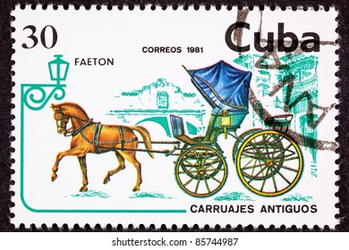 CUBA - CIRCA 1981: A Stamp Printed In Cuba Shows A Horse Pulling A Fancy Phaeton Carriage, Circa 1981.