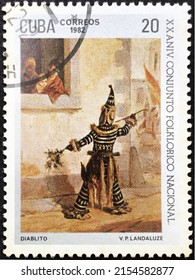 Cuba, circa 1982: Postage stamp celebrating popular art showing a painting by Victor Patricio Landaluze, "Devil".