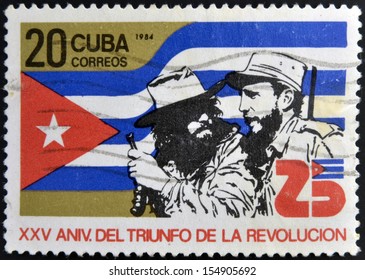 CUBA - CIRCA 1984: A Stamp dedicated to 25th Anniversary of the Victory of the Cuban Revolution, shows Fidel Castro and Camilo Cienfuegos, circa 1984 