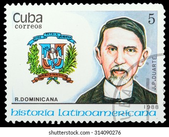 CUBA- CIRCA 1988: a stamp printed in the Cuba, shows coat of arms portrait of Juan Pablo Duarte, series "Latin American history", circa 1988