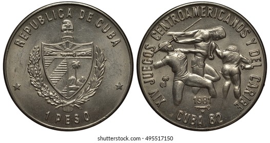 Cuba Cuban Coin One Peso 1981, Arms, Denomination Below, XIVth Central American Games, Athletes,