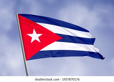 Cuba flag isolated on sky background. close up waving flag of Cuba. flag symbols of Cuba.