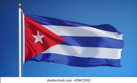 Cuba flag waving against clean blue sky, close up, isolated with clipping path mask alpha channel transparency