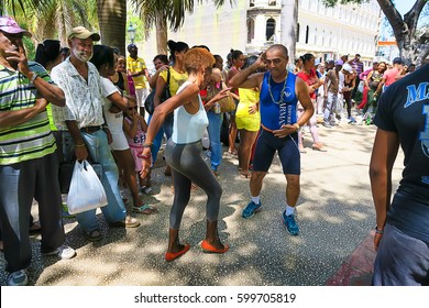 Cuba, Havana - 07 April, 2016: street dances of salsa in one of the central squares in Havana, where both the locals and the tourists can take the dancefloor and dance till they drop, a fun event 