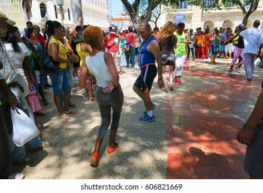 Cuba, Havana - 07 April, 2016: Street Dances Of Salsa In One Of The Central Squares In Havana, Where Both The Locals And The Tourists Can Take The Dancefloor And Dance Till They Drop, A Fun Event 