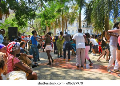 Cuba, Havana - 07 April, 2016: Street Dances Of Salsa In One Of The Central Squares In Havana, Where Both The Locals And The Tourists Can Take The Dancefloor And Dance Till They Drop, A Fun Event 