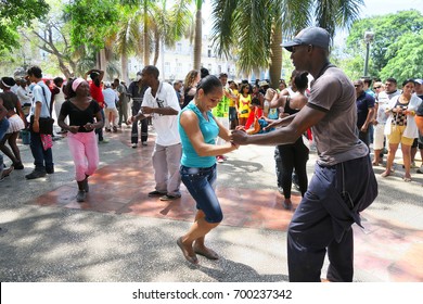 Cuba, Havana - 07 April, 2016: Street Dances Of Salsa In One Of The Central Squares In Havana, Where Both The Locals And The Tourists Can Take The Dancefloor And Dance Till They Drop, A Fun Event 