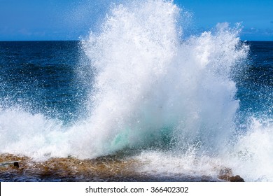 Cuba. Island. Ocean. Sea. Waves Breaking On The Shore. White Spray Soar High. Storm. Freedom. Blue Water. Nature