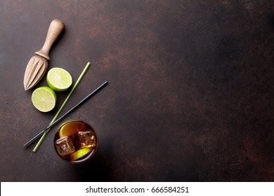 Cuba Libre Cocktail Glass. Top View With Copy Space