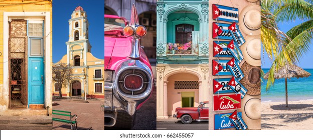 Cuba, Panoramic Photo Collage, Cuban Symbols, Cuba Travel And Tourism Concept 