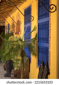 Cuba, Trinidad, UNESCO World Heritage Site, Blue Shutters In Courtyard Of Casa Particular, Spanish Style Colonial Home. (PR)