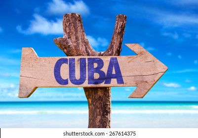 Cuba Wooden Sign With Beach Background