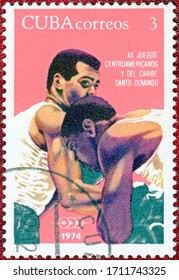 CUBA-CIRCA 1974: Postage Stamp Printed In Cuba With A Picture Of A Boxers, With The Inscription 