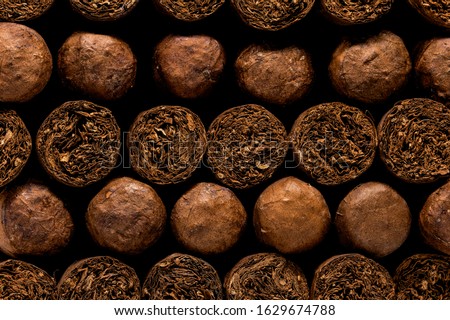 Cuban Cigars: Close up of luxury hand made cigars stacked in a storage box. Tobacco display background or wall art.