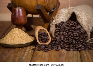 Cuban Coffee, Rum And Cane Sugar On Table