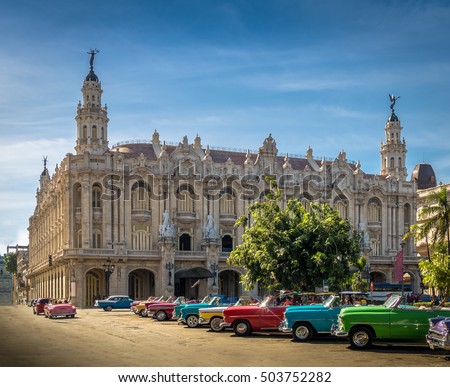 Cuban colorful vintage cars in front of the Gran Teatro - Havana, Cuba