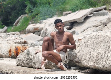 Cuban Dancer Performs Contemporary Dance Movements In An Iconic Place In Havana. Cuban Dance And Culture. 