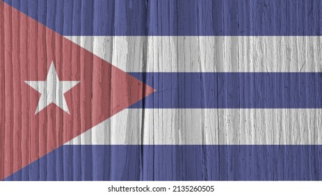 Cuban Flag On A Dry Wooden Surface. Natural Wallpaper Or Background Made Of Old Wood. The Official Symbol Of Cuba. Faded Pale Color