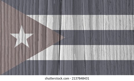 Cuban Flag On A Dry Wooden Surface. Natural Wallpaper Or Background Made Of Old Wood. Symbol Of Cuba. Discolored Look Close To Black And White