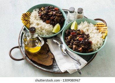 Cuban Rice And Black Bean Dish With Grilled Pineapple. Healthy Vegan Caribbean Food For The Whole Family, Party Or Restaurant Menu