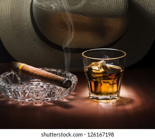 Cuban Style Rum And Cigar Close Up