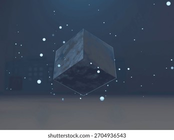 The cube central to the composition is surrounded by soft glowing white particles 