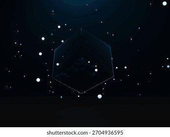 The cube central to the composition is surrounded by soft glowing white particles 