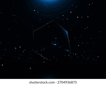 The cube central to the composition is surrounded by soft glowing white particles 