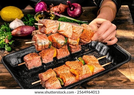 cube salmon and marinated in high resolution image and isolated with blurry ends