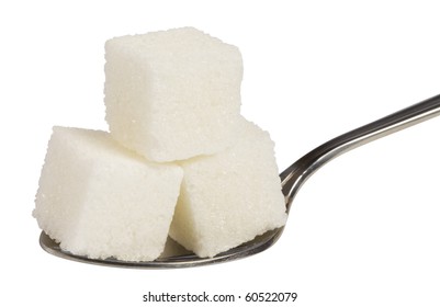 Cube Of White Sugar On Spoon ,isolated On White With Clipping Path.