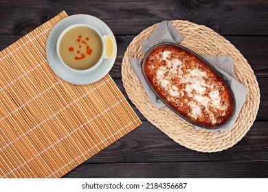 Cubed Meat And Lentil Soup On Wooden Table Turkish Local Food