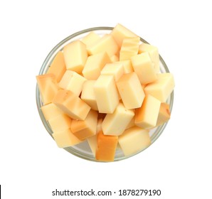 Cubes Of Cheddar Cheese Isolated In Glass Bowl On White 