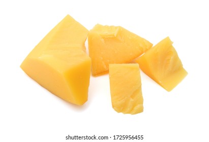 Cubes of cheddar cheese isolated on white  - Shutterstock ID 1725956455