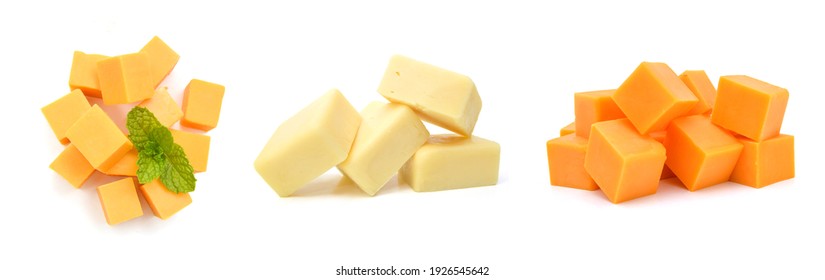 Cubes Of Cheddar Cheese Isolated On White 