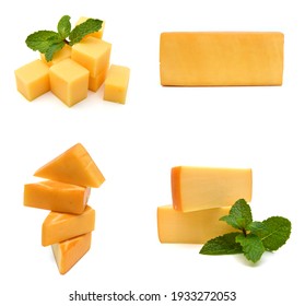 Cubes Of Cheddar Cheese Isolated On White 