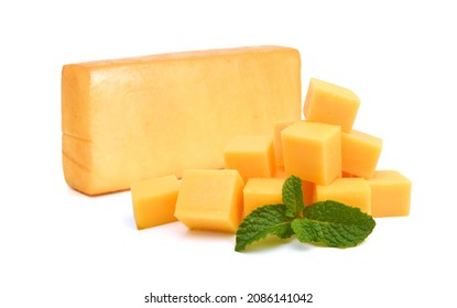 Cubes of cheddar cheese isolated on white  - Shutterstock ID 2086141042