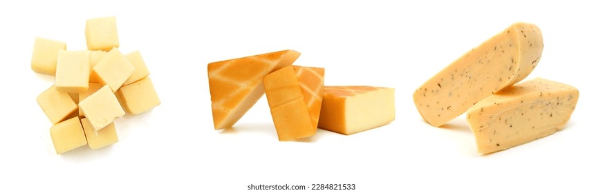 Cubes of cheddar cheese isolated on white  - Powered by Shutterstock