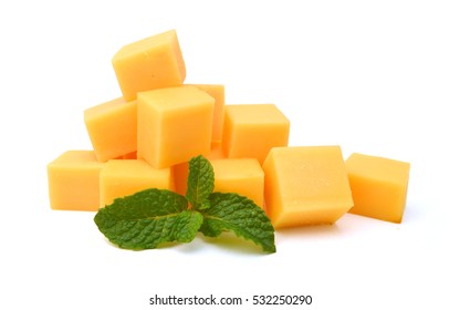 Cubes Of Cheddar Cheese Isolated On White 