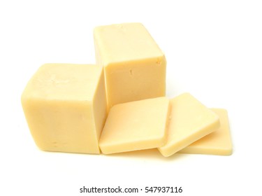 Cubes Of Cheddar Cheese Isolated On White 