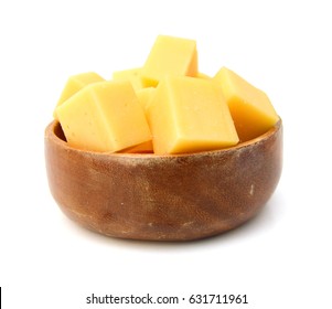 Cubes Of Cheddar Cheese Isolated In Wooden Bowl On White Background 