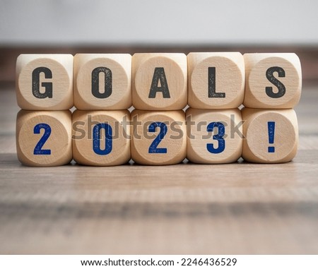 Cubes, dice or blocks with goals 2023 on wooden background	