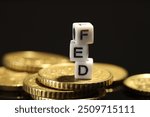 Cubes with letters Fed (Federal Reserve System) and coins on black table, closeup