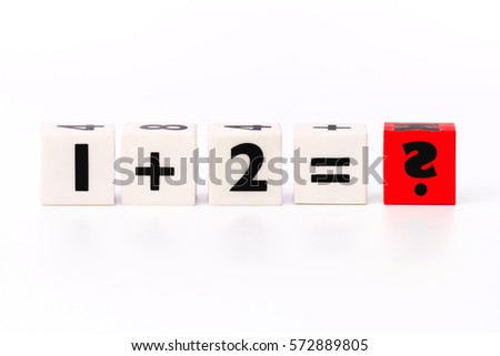 Cubes showing an unsolved equation (1+2=?)