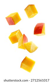 Cubic and triangular mango pieces form an unusual figure look like a loop. Isolated on white