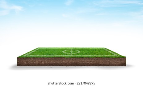 cubical cross section football stadium with underground earth soil and green grass on top, cutaway terrain surface with mud and field isolated, stadium isolated