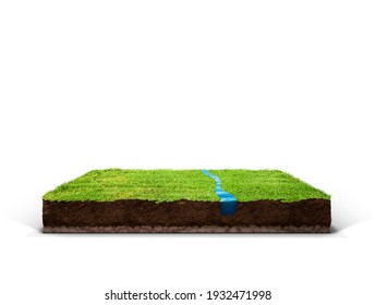 Cubical Cross Section With Underground Earth Soil And Water And Green Grass On Top, Cutaway Terrain Surface With Mud And Field Isolated