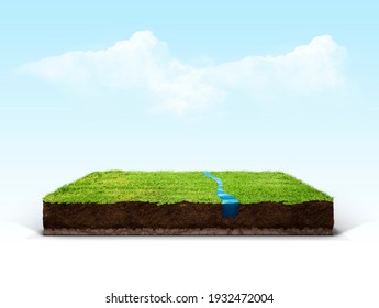 cubical cross section with underground earth soil and water and green grass on top, cutaway terrain surface with mud and field isolated
