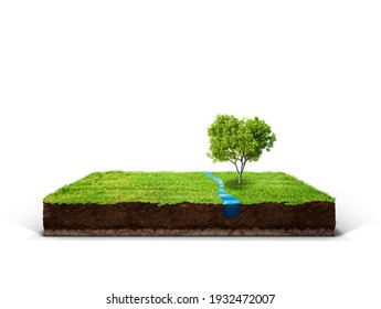 Cubical Cross Section With Underground Earth Soil And Water And Green Grass On Top, Cutaway Terrain Surface With Mud And Field Isolated