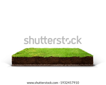 cubical cross section with underground earth soil and green grass on top, cutaway terrain surface with mud and field isolated