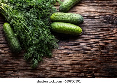 Cucumber And Dill On Very Old Rustic Oak Table.